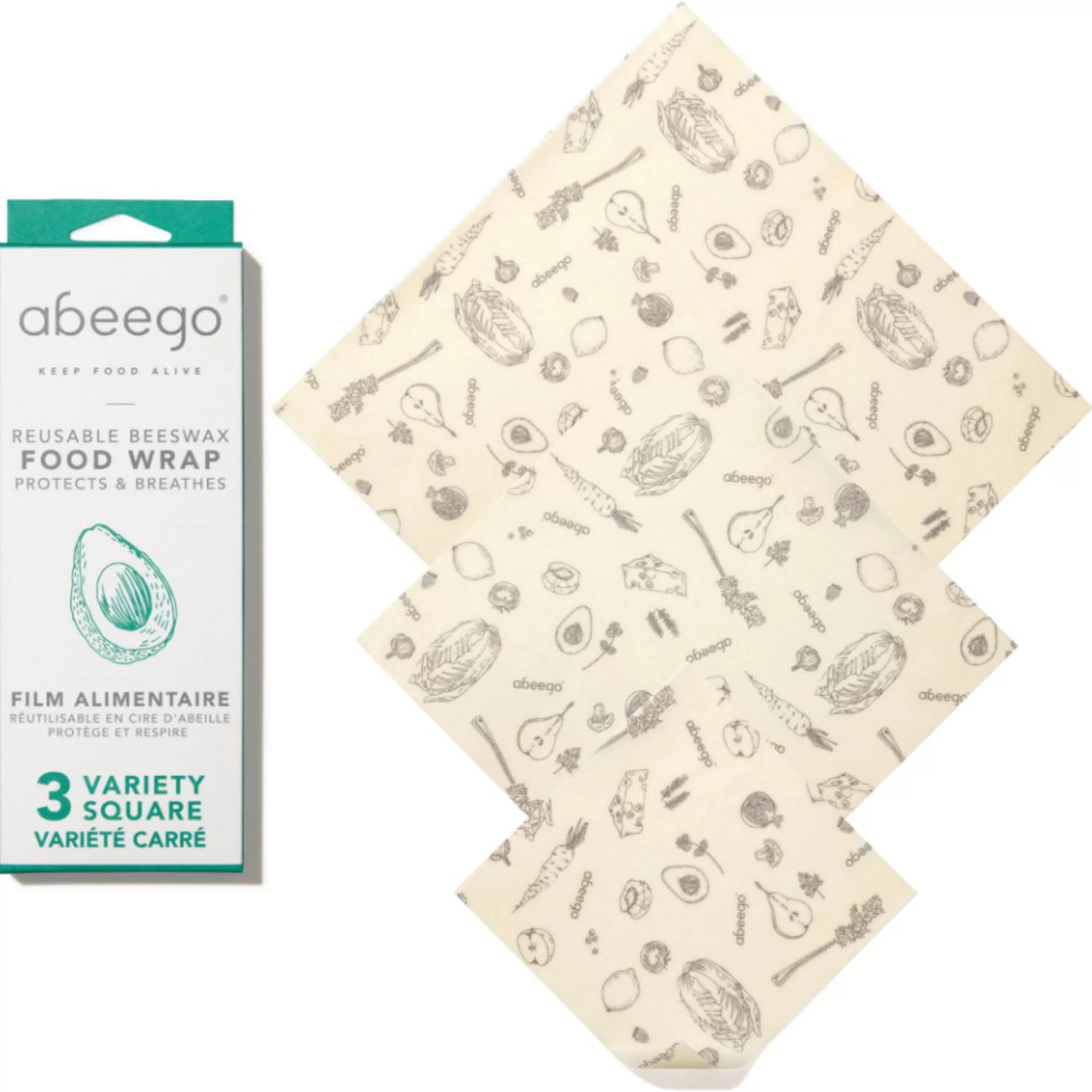 New Abeego Beeswax Food Wraps 3 Assorted Squares