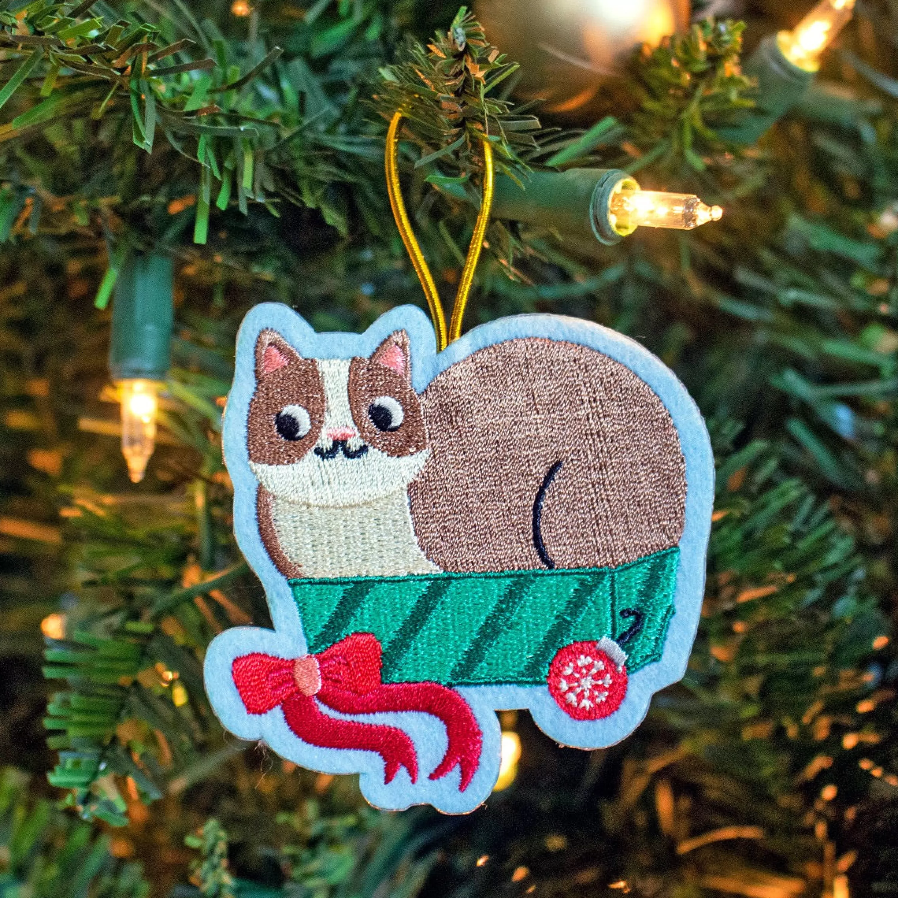 Seltzer Goods Cat In Box Embroidered Ornament