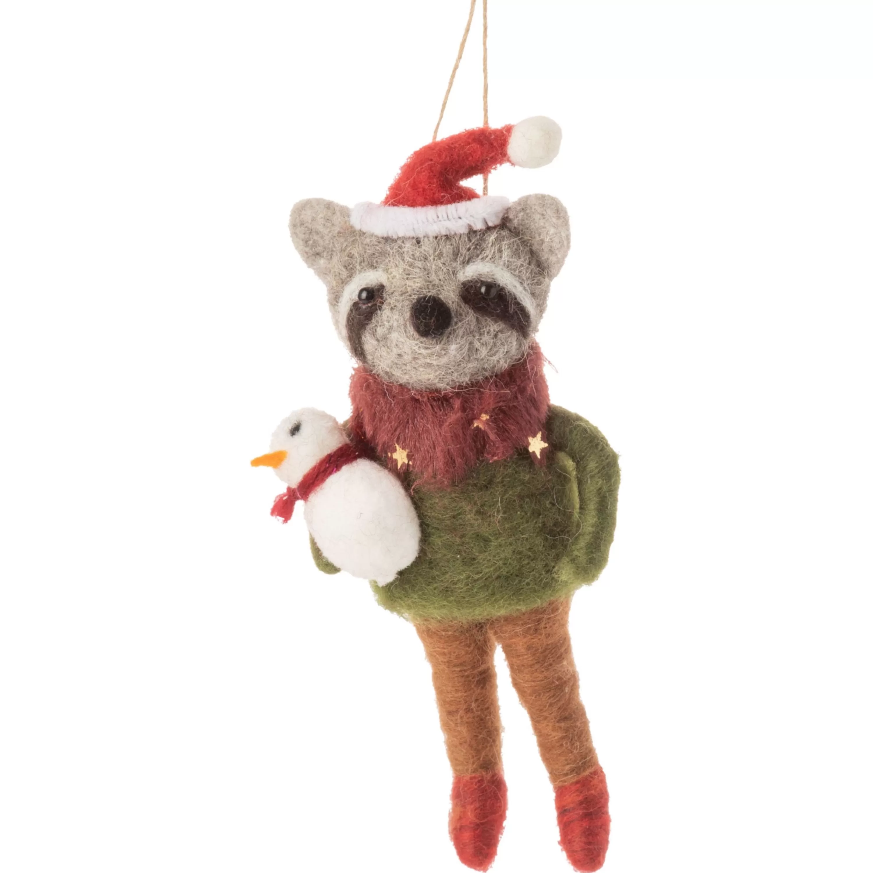 Silver Tree Felt Raccoon Holding Snowman Ornament