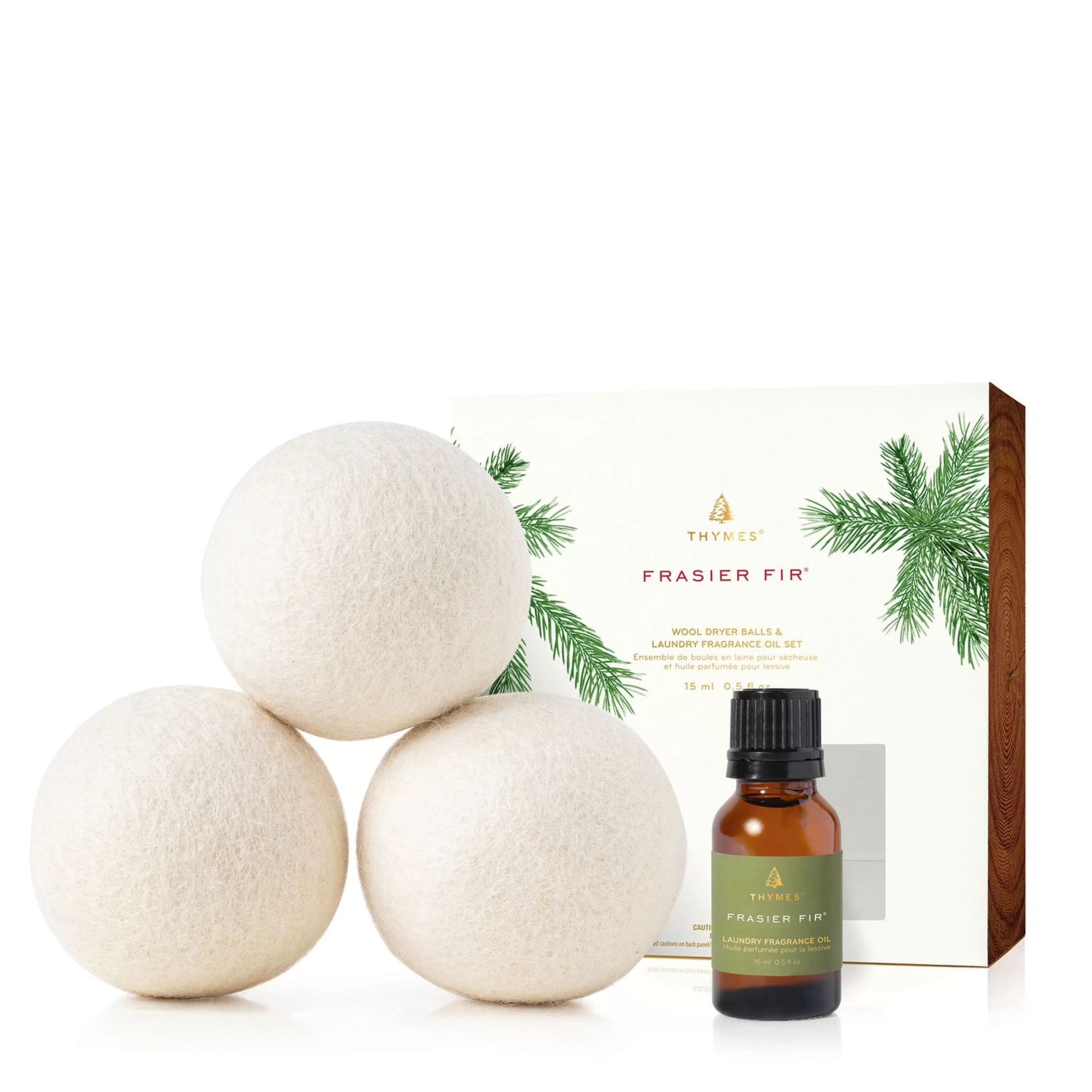 New Thymes Frasier Fir Wool Dryer Balls & Fragrance Set