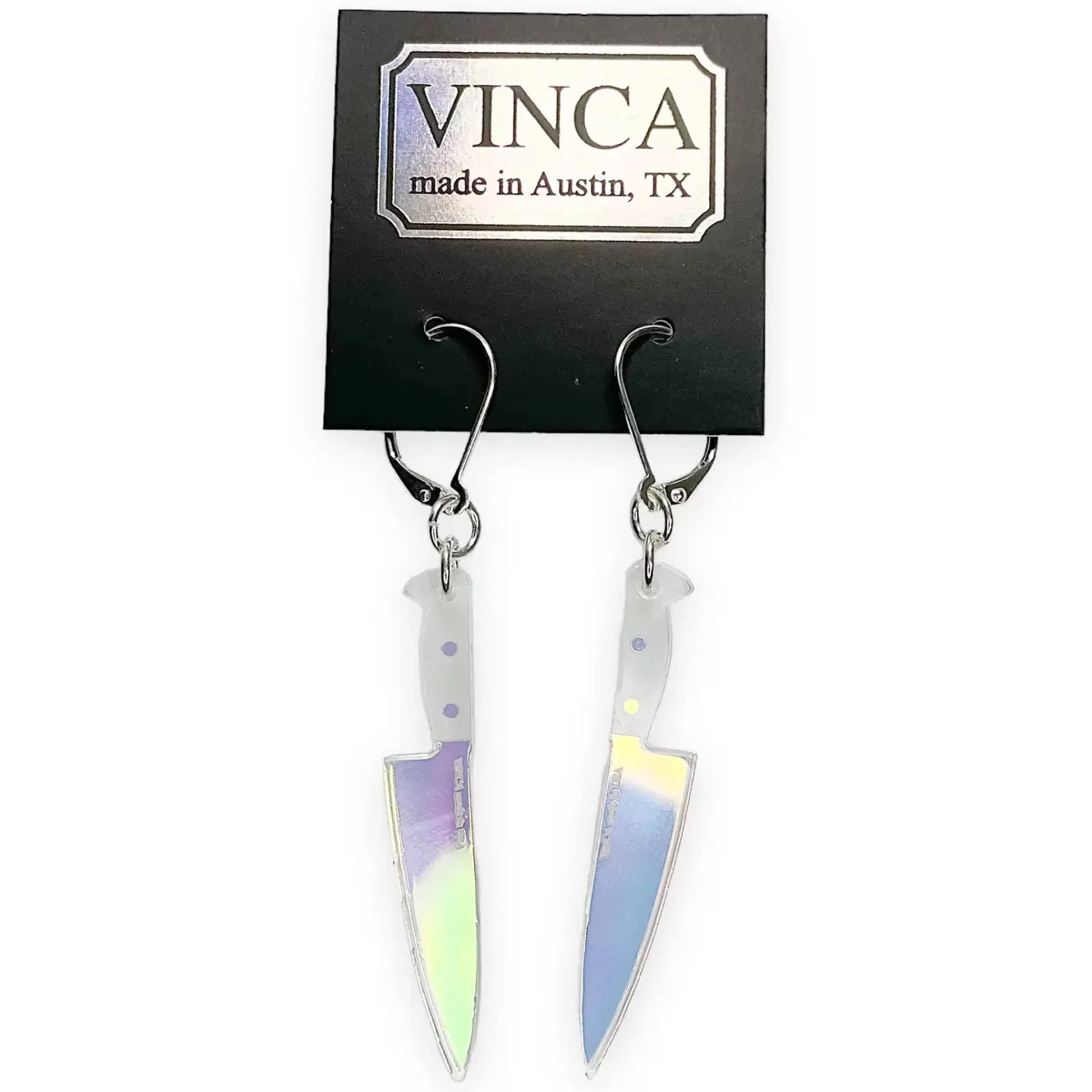 Discount Vinca Hologram Knife Fish Hook Earrings