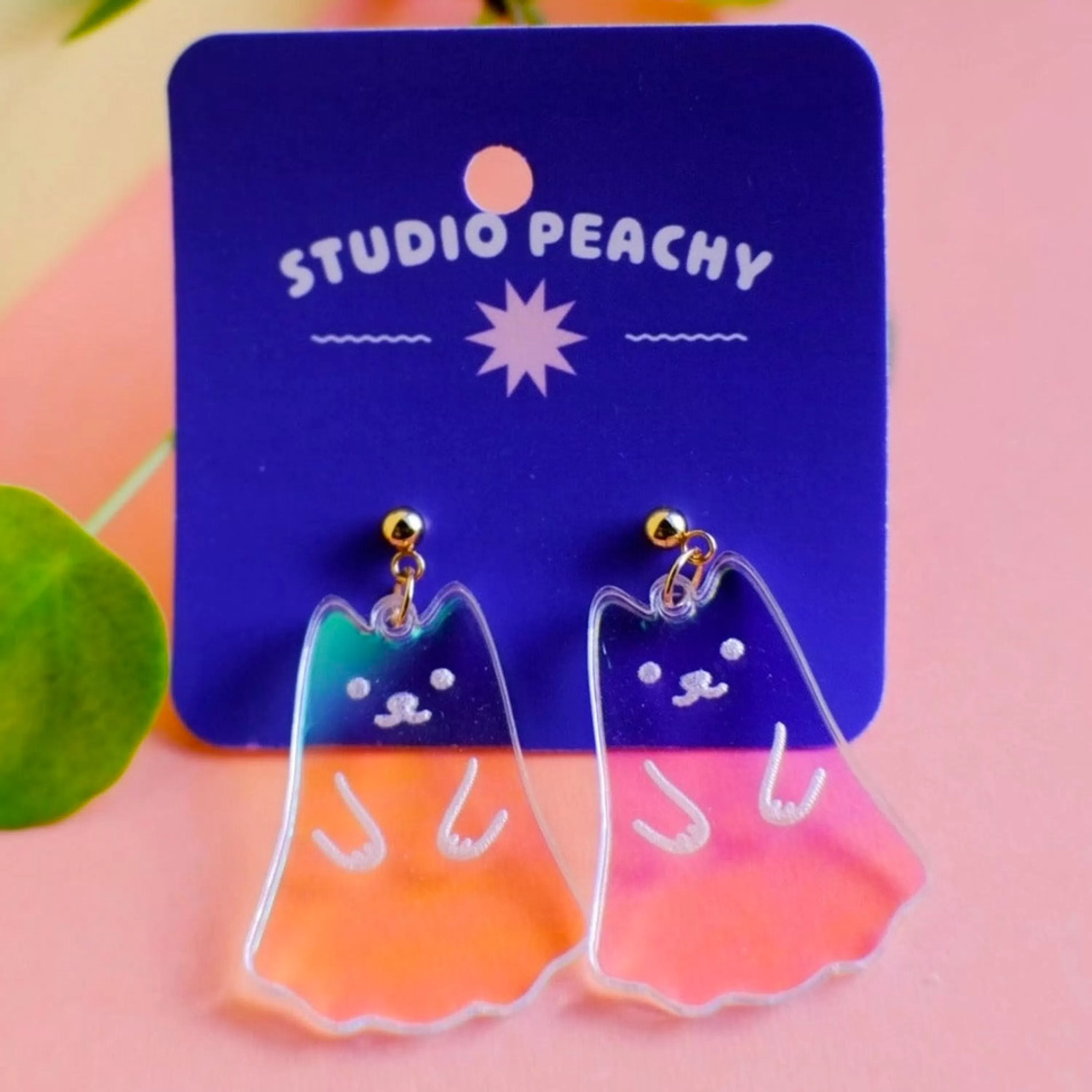 Best Sale Studio Peachy Iridescent Ghost Cat Earrings