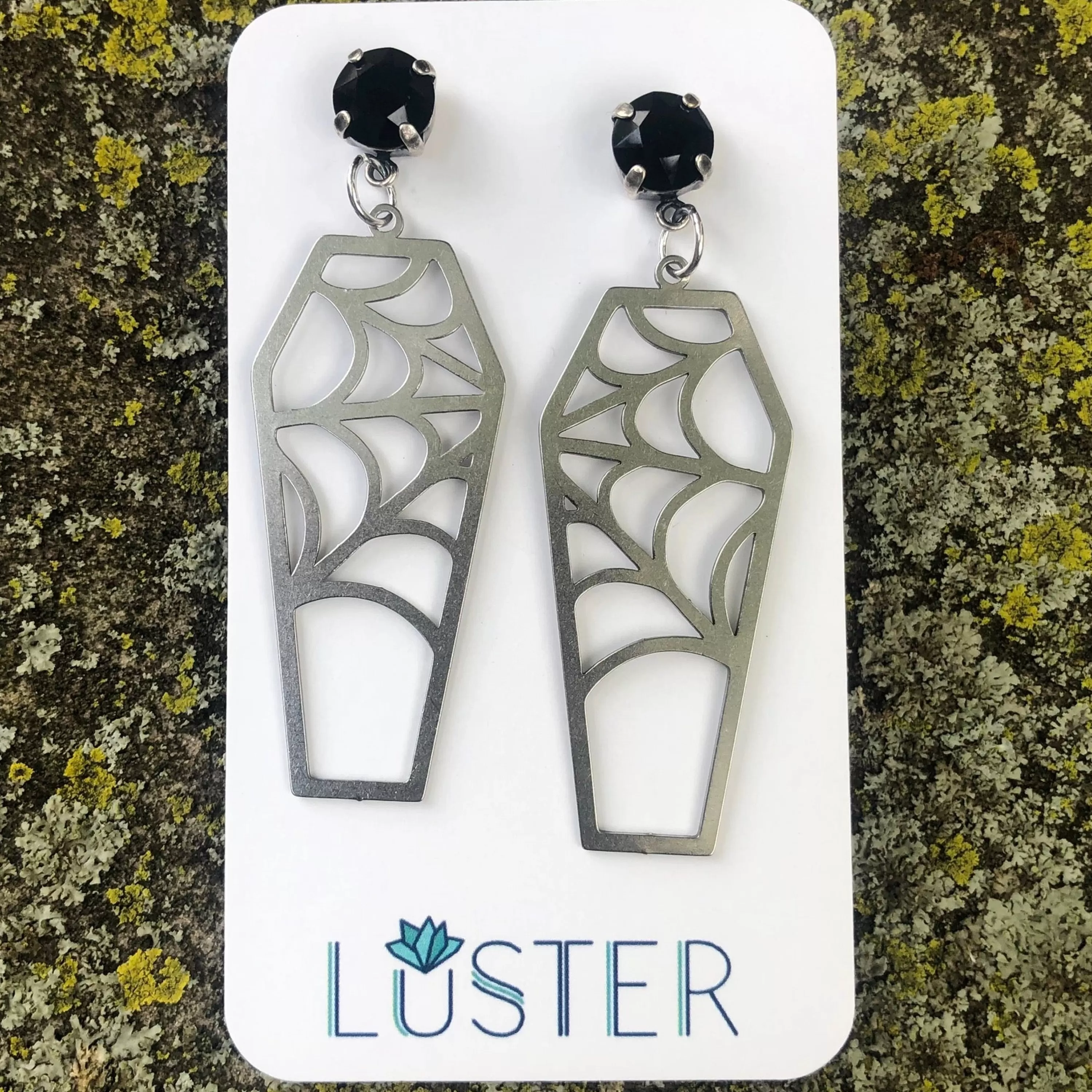 Store Luster Silver Cobweb Coffin Earrings